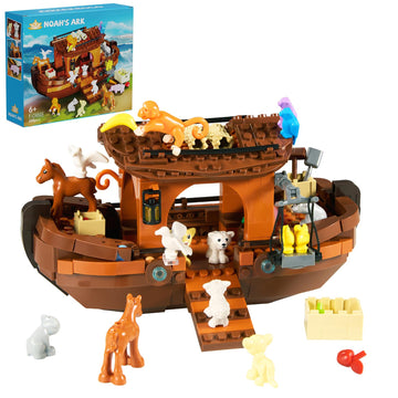 Noah's Ark Boat Building Blocks, Jesus Bible Religious Story Ship Toys with Animals & Plants Compatible with Lego, Baptism Gifts Easter Gifts
