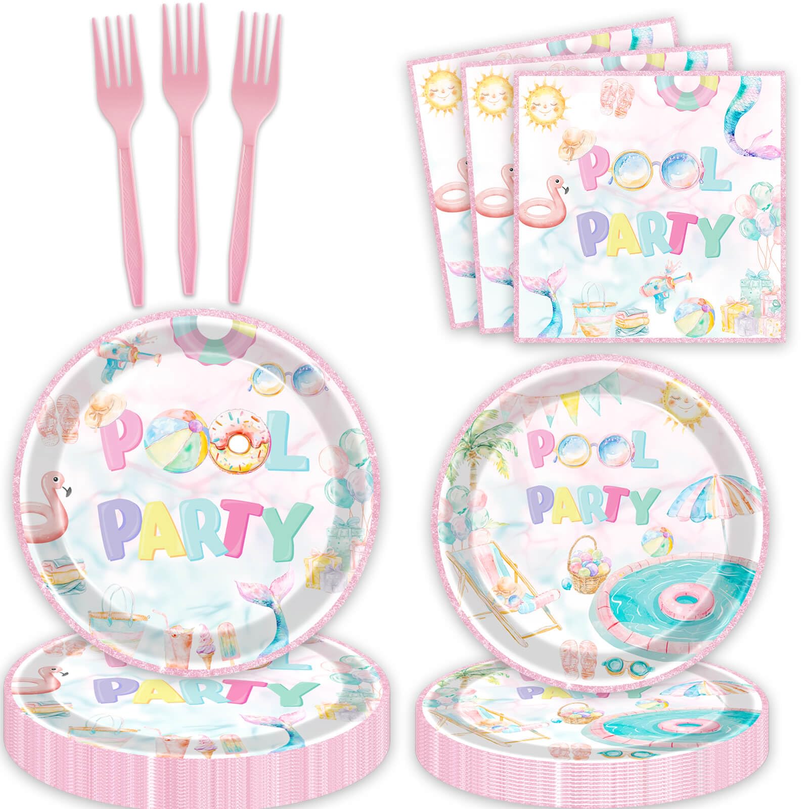 80pcs Pool Party Supplies Decorations, Summer Pool Dessert Plates Napkins Forks Tableware Summer Beach Hawaiian Theme Baby Kids Birthday Party Favors
