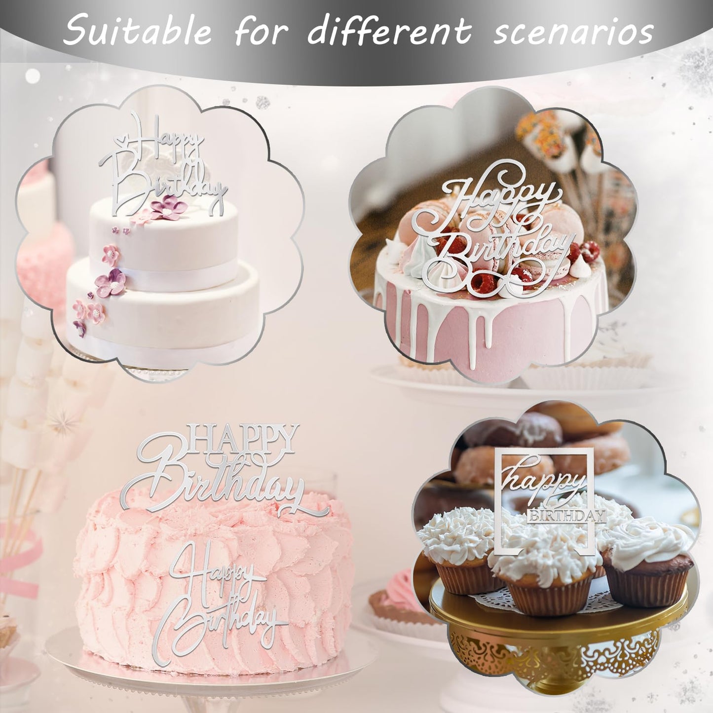 10Pcs Silver Acrylic Happy Birthday Cake Topper for Birthday Party Supplies