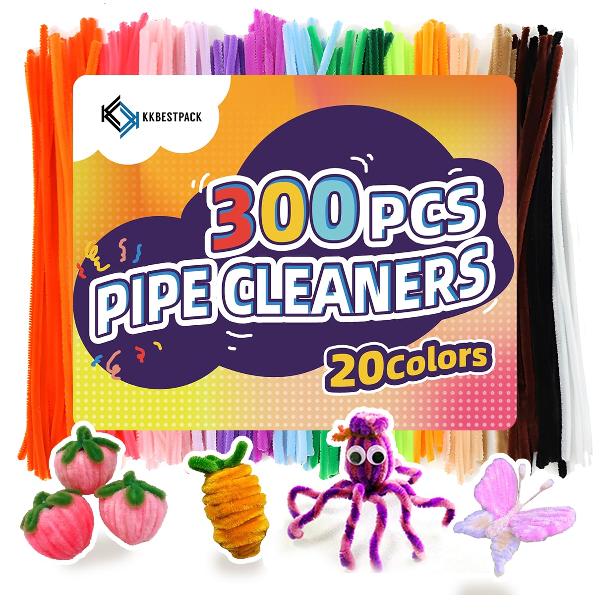 Pipe Cleaners, 300pcs 20 Colors, Craft Supplies, Pipe Cleaner Chenille Stems, Craft Pipe Cleaners, RED BLUE GREEN BLACK ORANGE YELLOW PINK