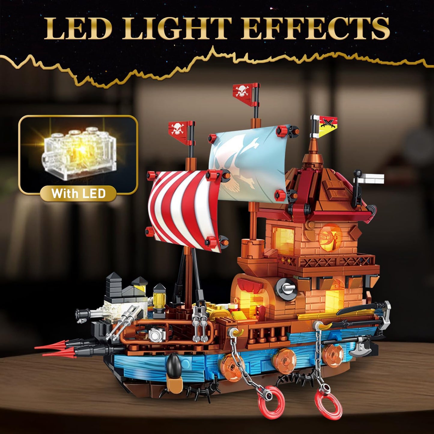 Vziimo Pirate Ship Building Sets with Lights, Creative Model Ship Boat Pirate Themed Toys Building Kits for Home Decor, 916 Pieces Christmas Birthday