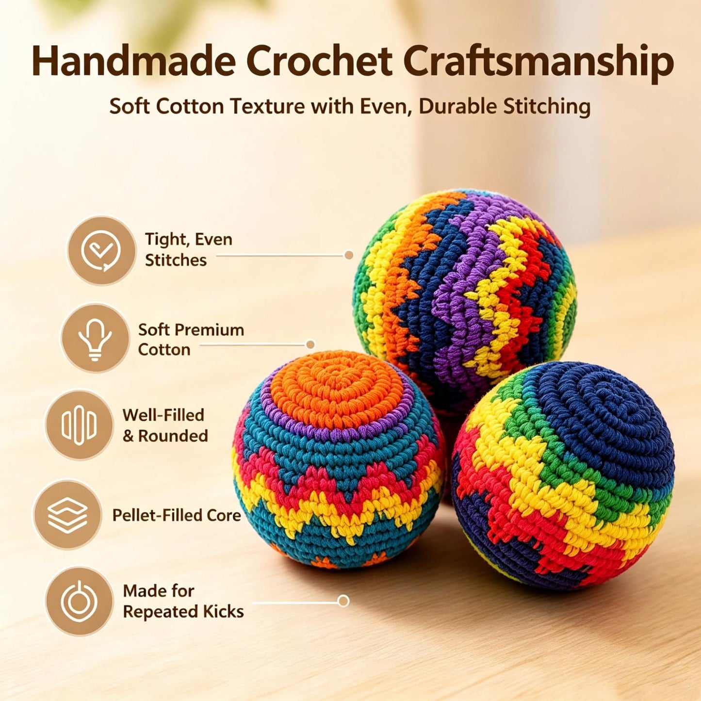 3 Pack Handmade Knitted Footbags, Hacky Kick Sack Balls for Adults