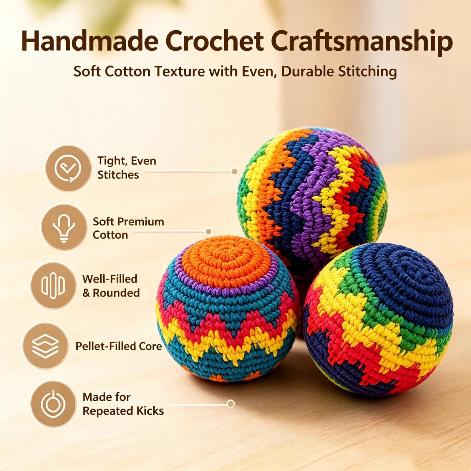 3 Pack Handmade Knitted Footbags, Hacky Kick Sack Balls for Adults