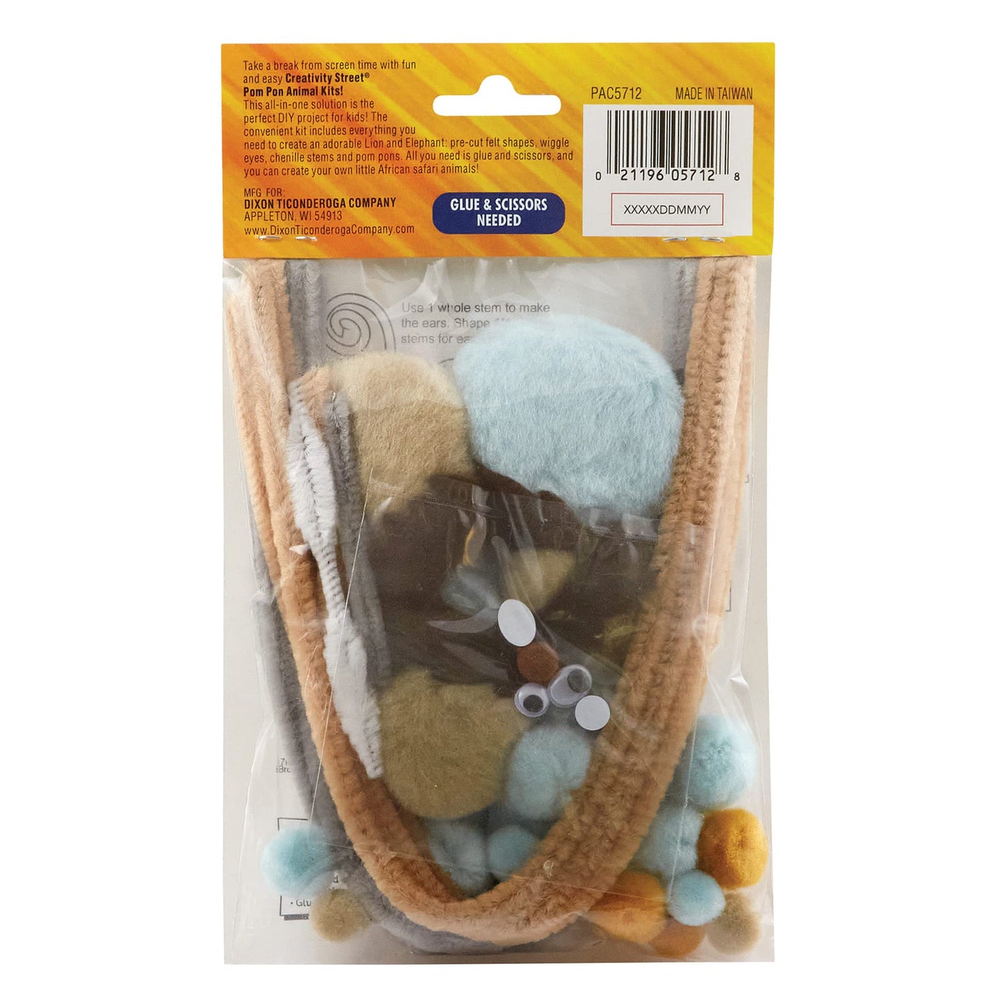 Creativity Street Pom Pon Animal Kit, Lion & Elephant, Assorted Sizes, 1 Kit Makes 2 Animals