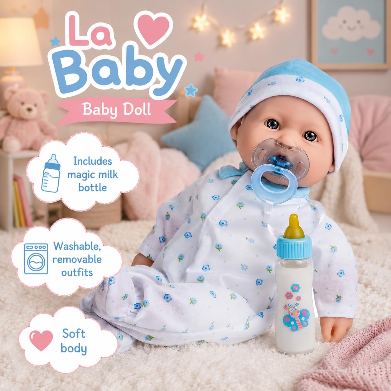 JC Toys, La Baby 16-inch Blue Washable Soft Body Boy Baby Doll with Accessories - For Children 12 Months and older, Designed by Berenguer
