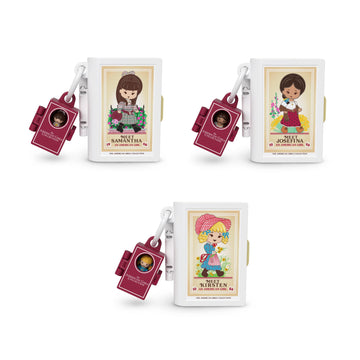 Polly Pocket x American Girl Dolls & Playset, Book Theme Collaboration Compact Bundle with Keychain, Samantha, Kirsten, and Josefina