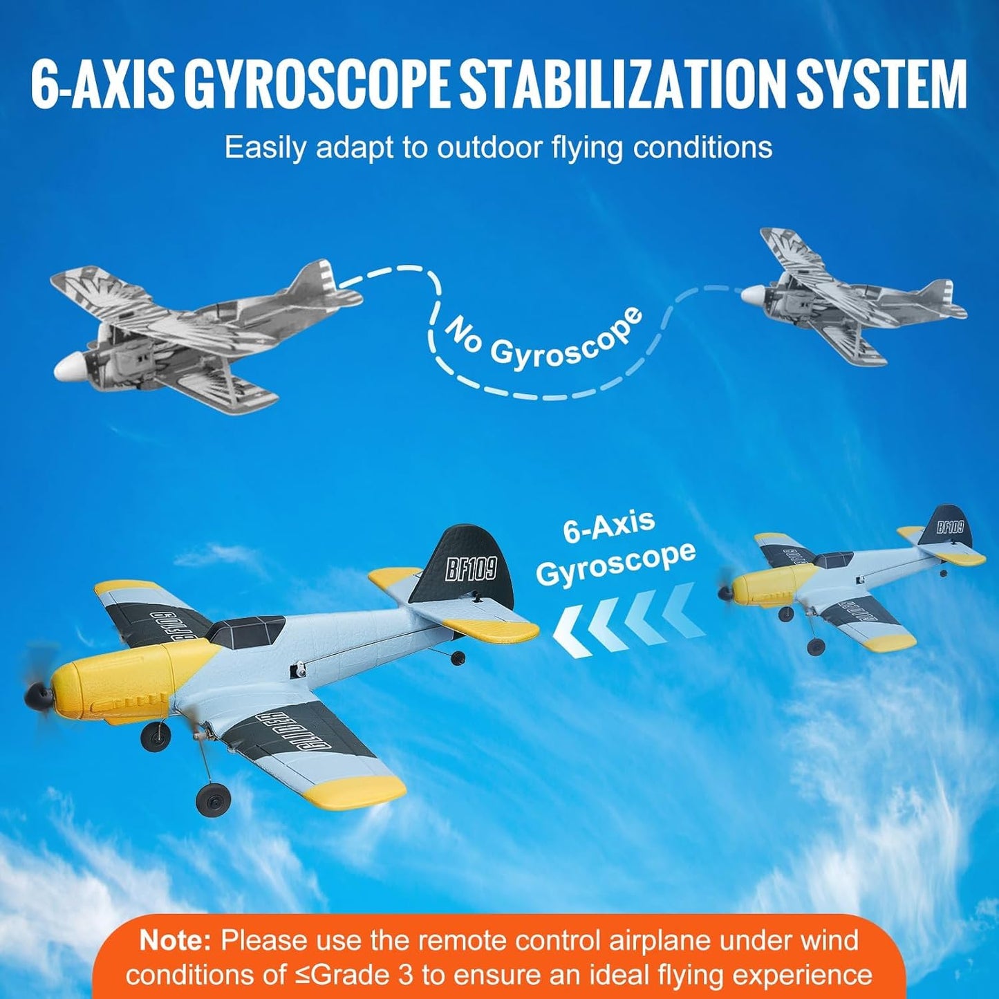 VEVOR RC Plane, 2.4GHZ 3 Channel RC Airplane with 6-Axis Gyro Stabilizer&2 Batteries, Ready to Fly BF-109 Fighter Aircraft Plane Toy for Adults