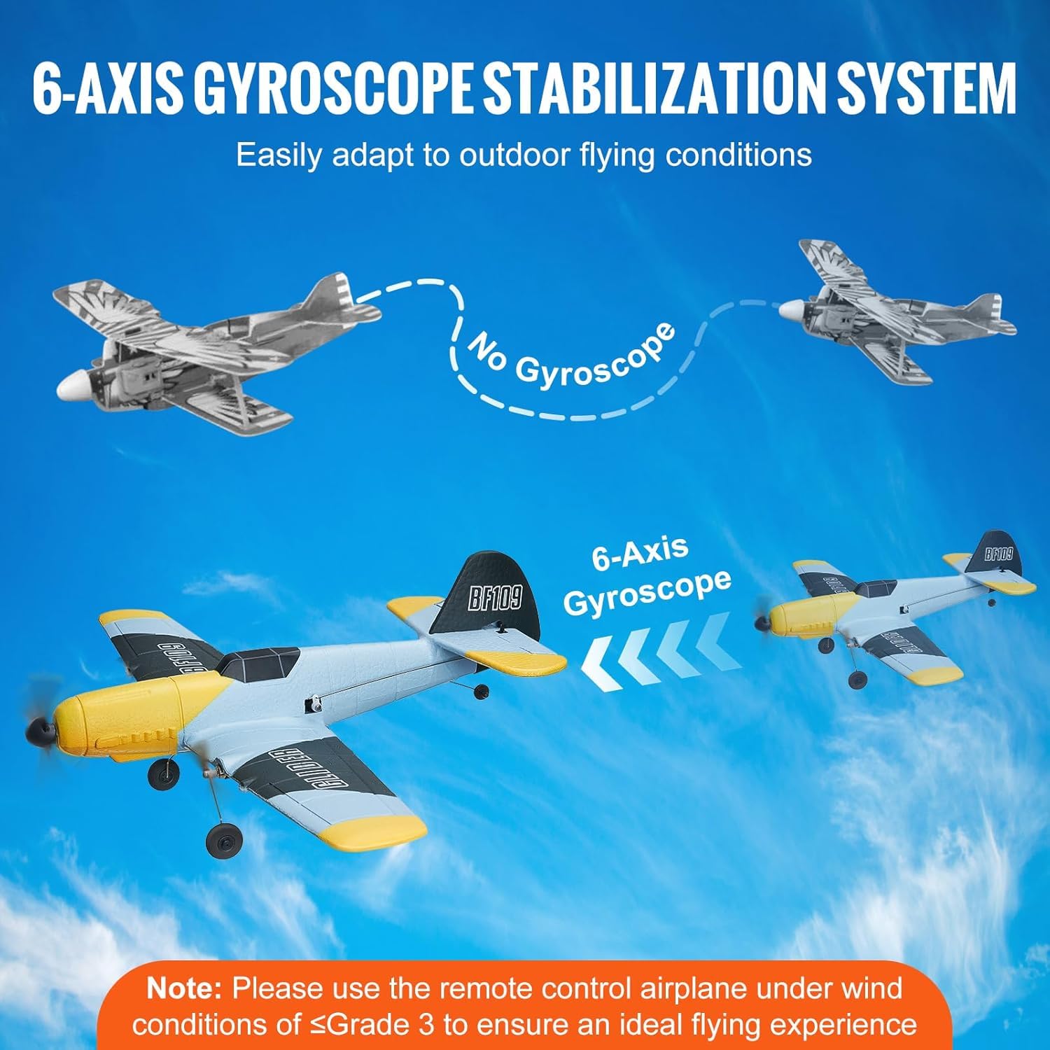 VEVOR RC Plane, 2.4GHZ 3 Channel RC Airplane with 6-Axis Gyro Stabilizer&2 Batteries, Ready to Fly BF-109 Fighter Aircraft Plane Toy for Adults
