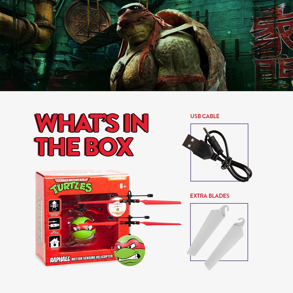 World Tech Toys Ninja Turtles Raphael Flying Toy - Motion Sensing Flying Ball with USB Charging - TMNT Licensed - Indoor/Outdoor Drone for Kids Ages