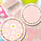142PCS Daisy Birthday Party Tableware Set,Pink Groovy Daisy Flower Supplies Include Daisy Plates and Napkins Cup Tablecloth Banner for Retro Theme
