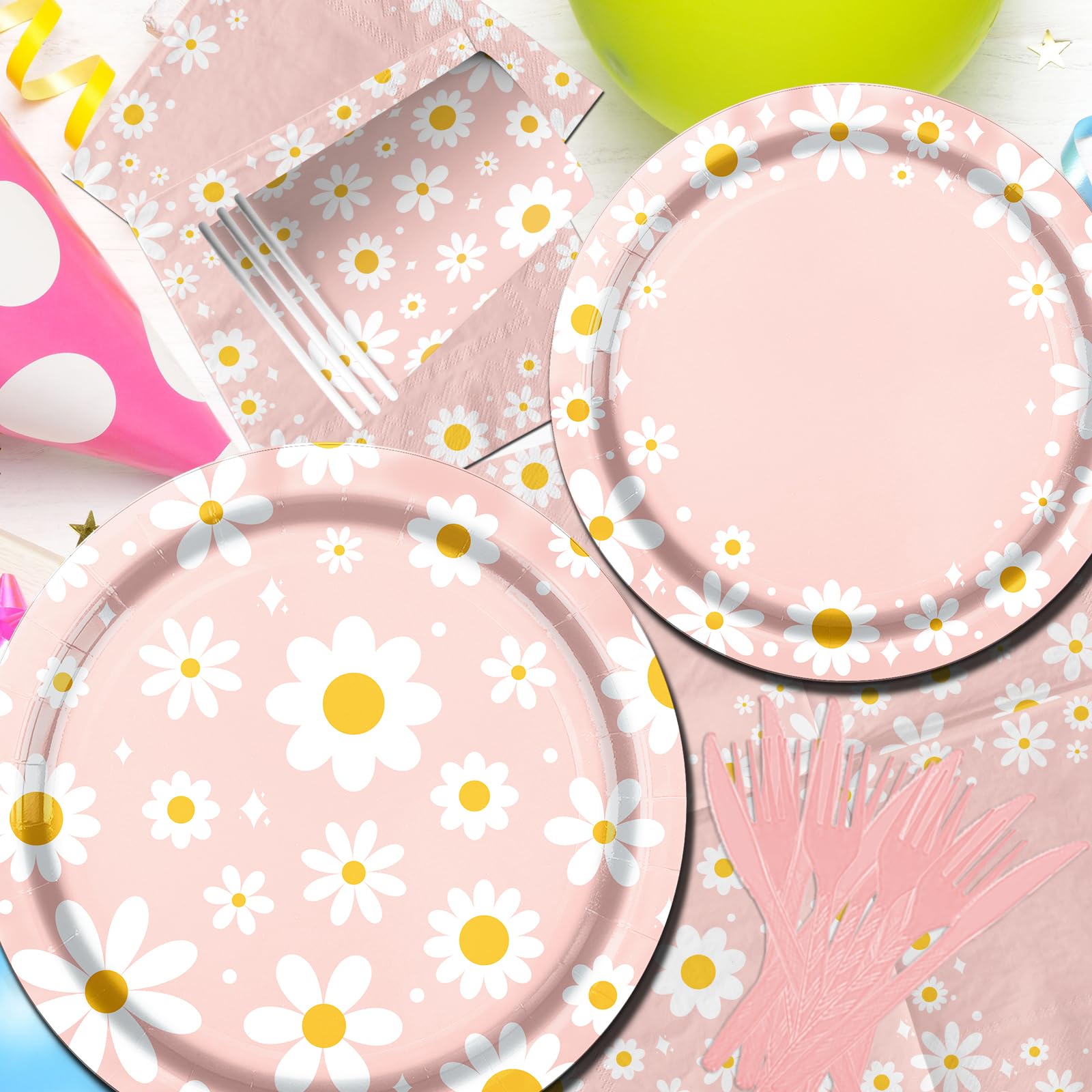142PCS Daisy Birthday Party Tableware Set,Pink Groovy Daisy Flower Supplies Include Daisy Plates and Napkins Cup Tablecloth Banner for Retro Theme
