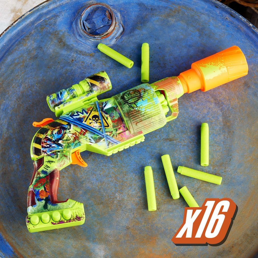 Nerf Zombie Driller Dart Blaster, 16 Nerf Elite Darts, Rotating 5 Dart Cylinder, Removable Scope, Outdoor Games, Ages 8+