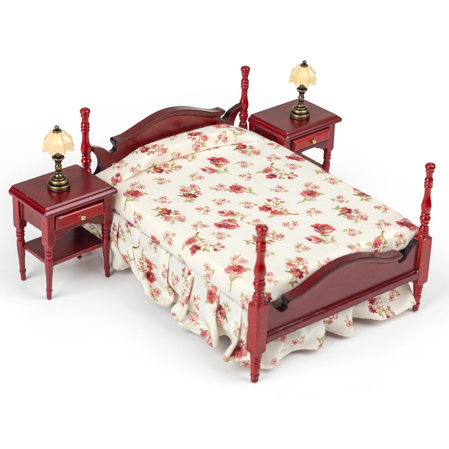 SAMCAMI Miniature Dollhouse Furniture - Victorian Wooden Dollhouse Furniture Set for Dollhouse Bedroom Incl Classical Bed, Bedside Table, Table Lamps