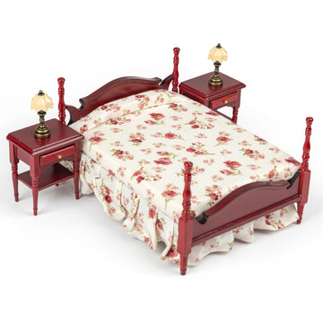 SAMCAMI Miniature Dollhouse Furniture - Victorian Wooden Dollhouse Furniture Set for Dollhouse Bedroom Incl Classical Bed, Bedside Table, Table Lamps