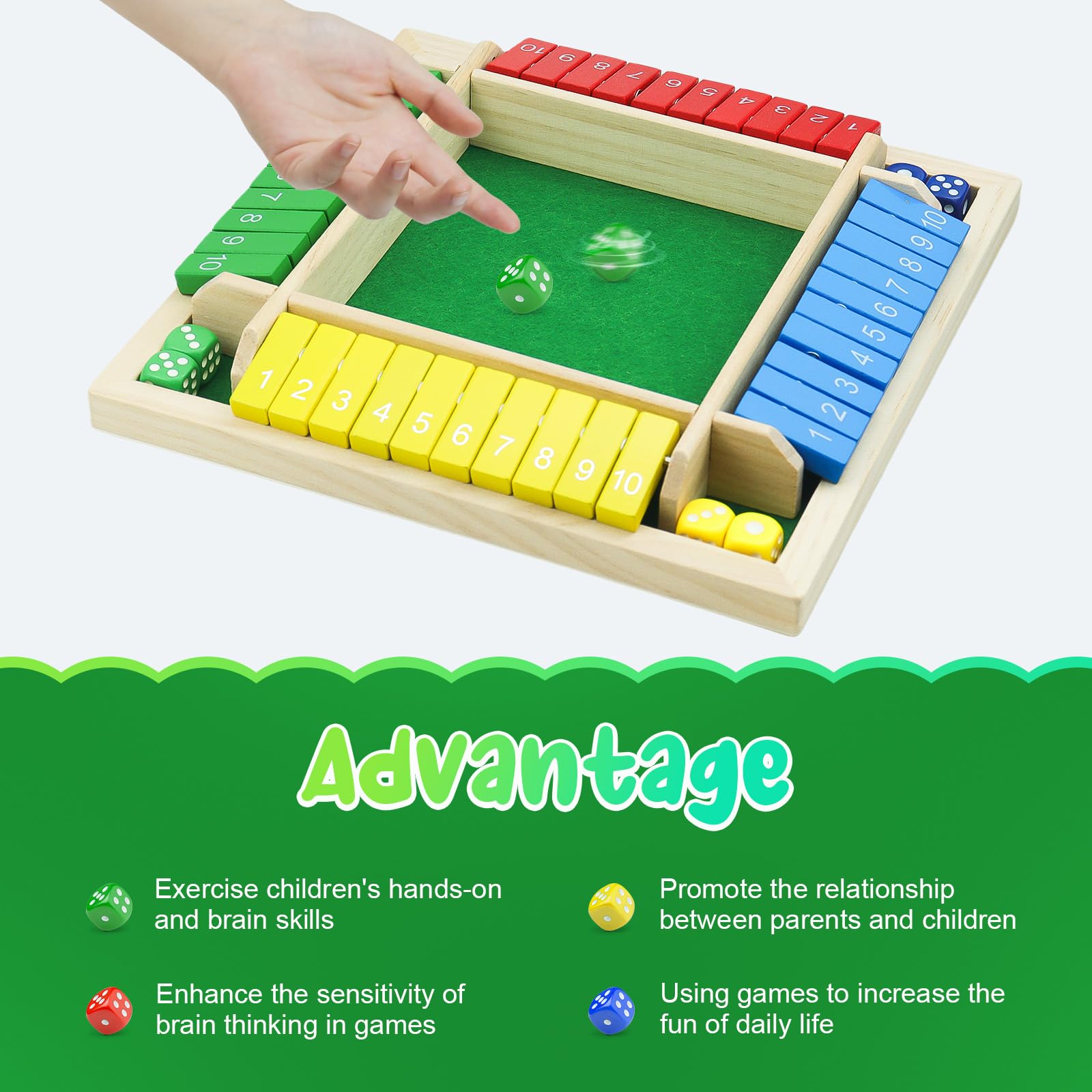 rytopt Shut The Box Game, Stocking Stuffers, 2-4 Player Family Wooden Board Table Math Games, Board Games, Valentines, 8 Dices Tabletop Game