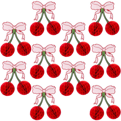 XEQWZVFR 10PCS Cherry Bow Honeycomb Decor 3D Cherry Bow Honeycomb Birthday Party Decorations Cherry Centerpiece Table Decorations Cherry-Bow Table