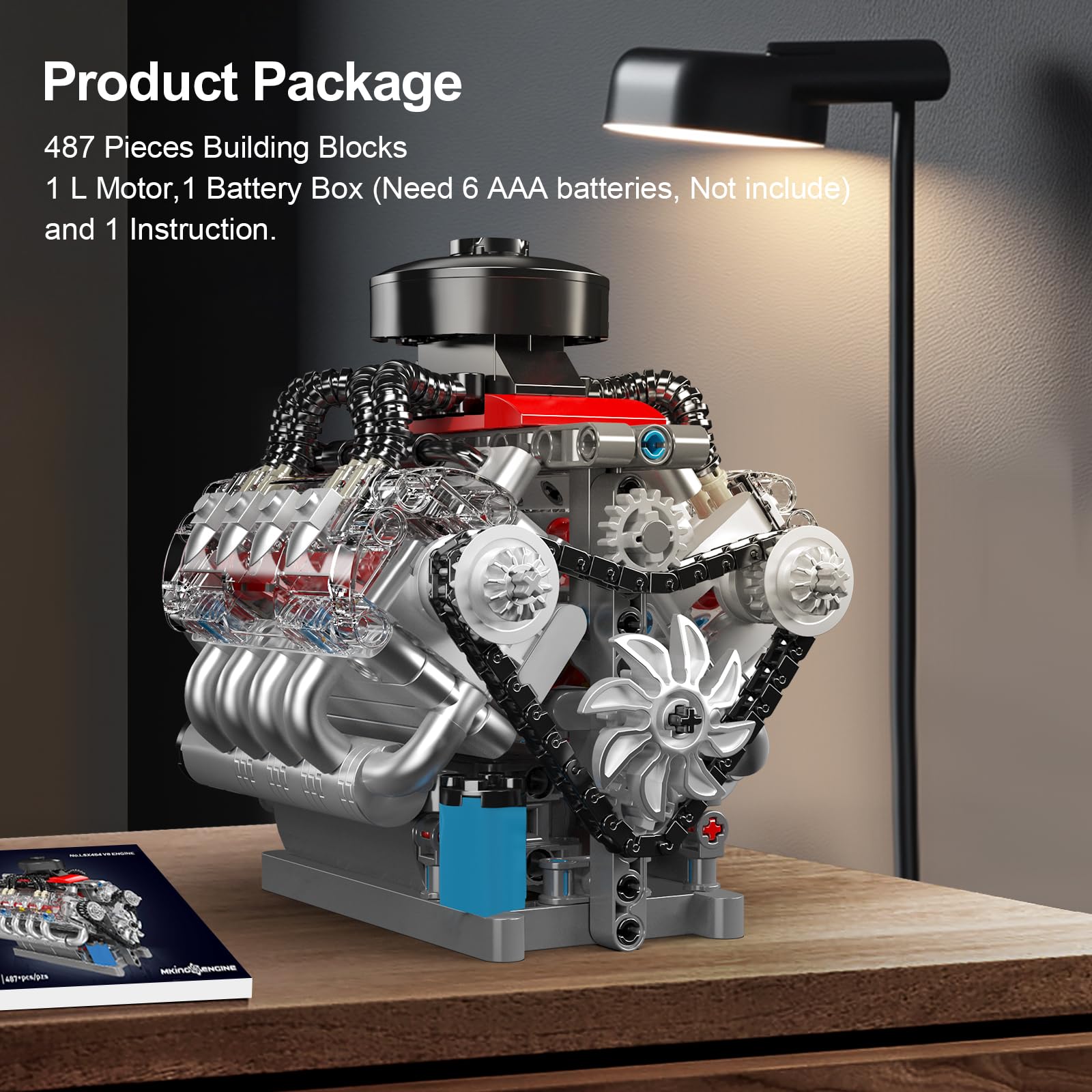 Mould King 10171 V8 Engine Model Kit That Works, 8 Cylinder Car Engine with Motor, Building Blocks Collectibles for Adults, STEM Build Set (487