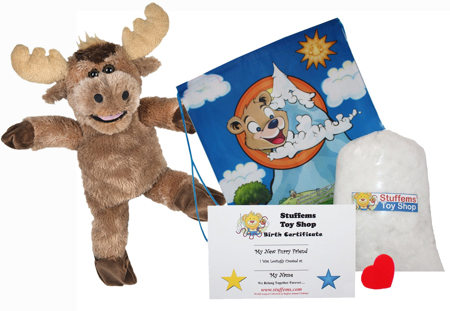 Stuffems Toy Shop Make Your Own Stuffed Animal Melvin the Moose 16"- No Sew - Kit with Cute Backpack!