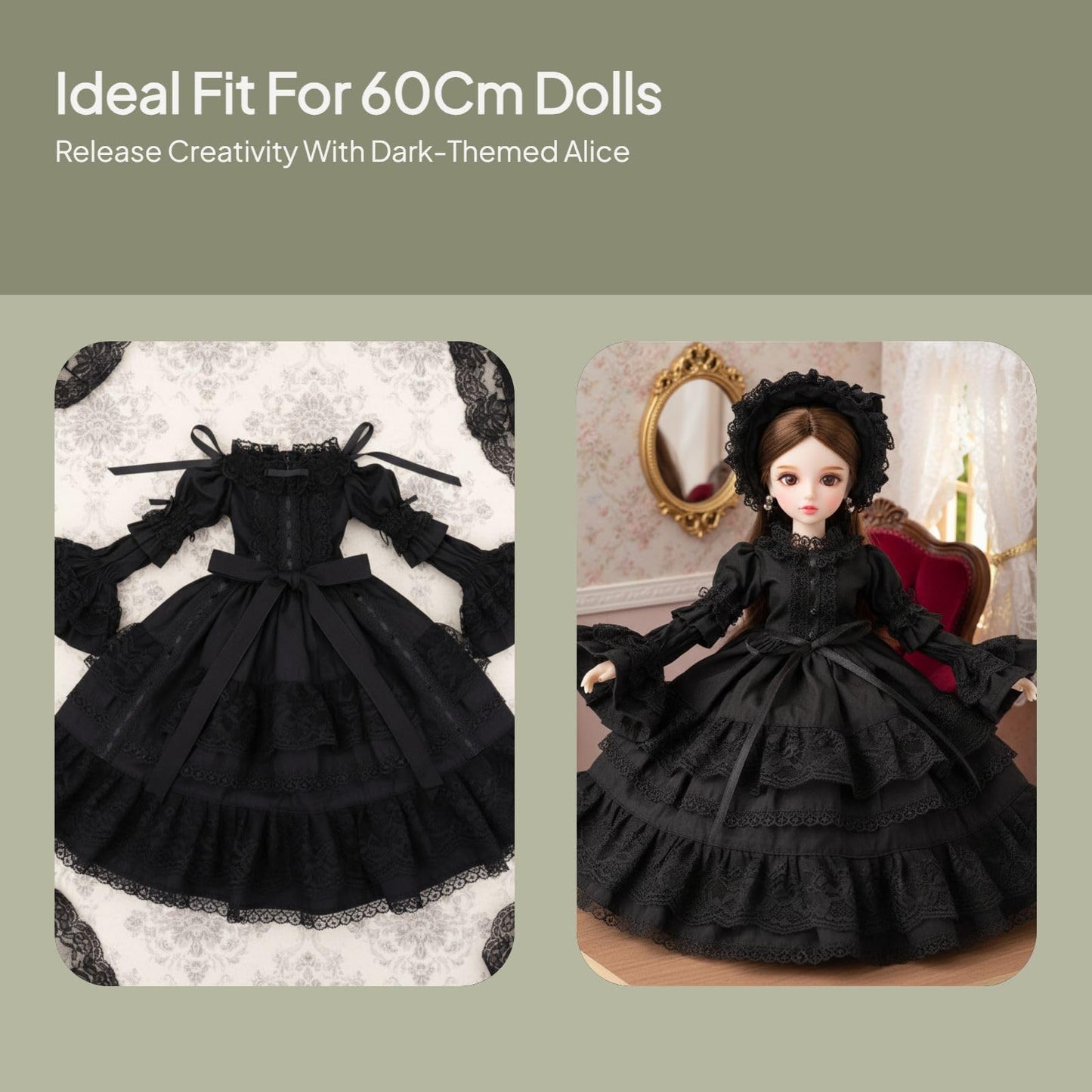 Fenteer 1/3 BJD SD Doll Outfits, Black Lolita Princess Dress, with Lace and Headwear for 60cm Night Lolita Dolls