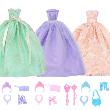 17 Pcs Wedding Clothes and Accessories for 11.5 inch Doll Set, 3 Pcs Fashion Party Gown Dresses 14 pcs Shoes, Crowns, Necklaces, Handbag, Fairy Wands