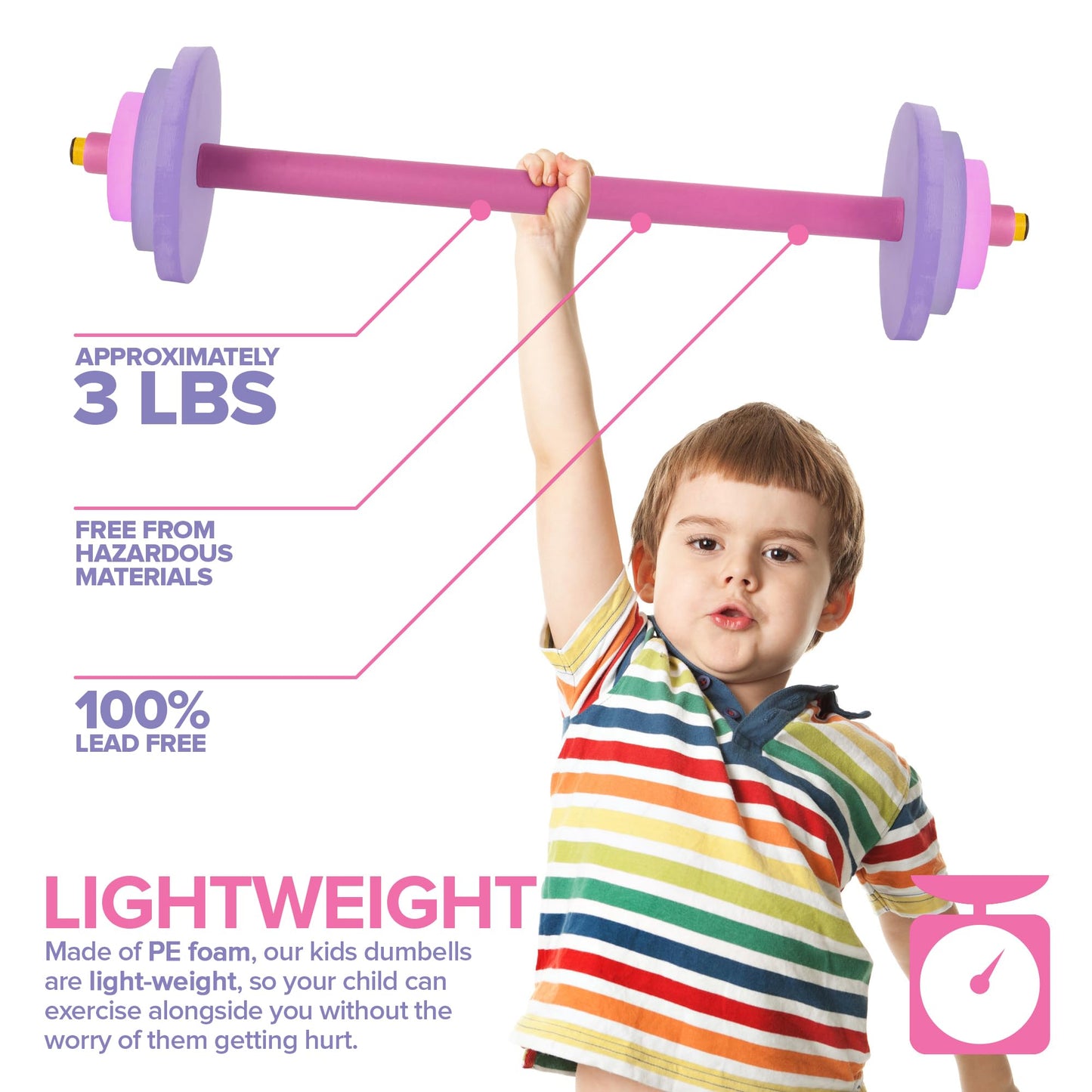 Modern Innovations Kids Barbell Weight Set, Toy Workout Equipment, Kid Weights for Exercise, Toddler Fun & Fitness (Pink & Purple)