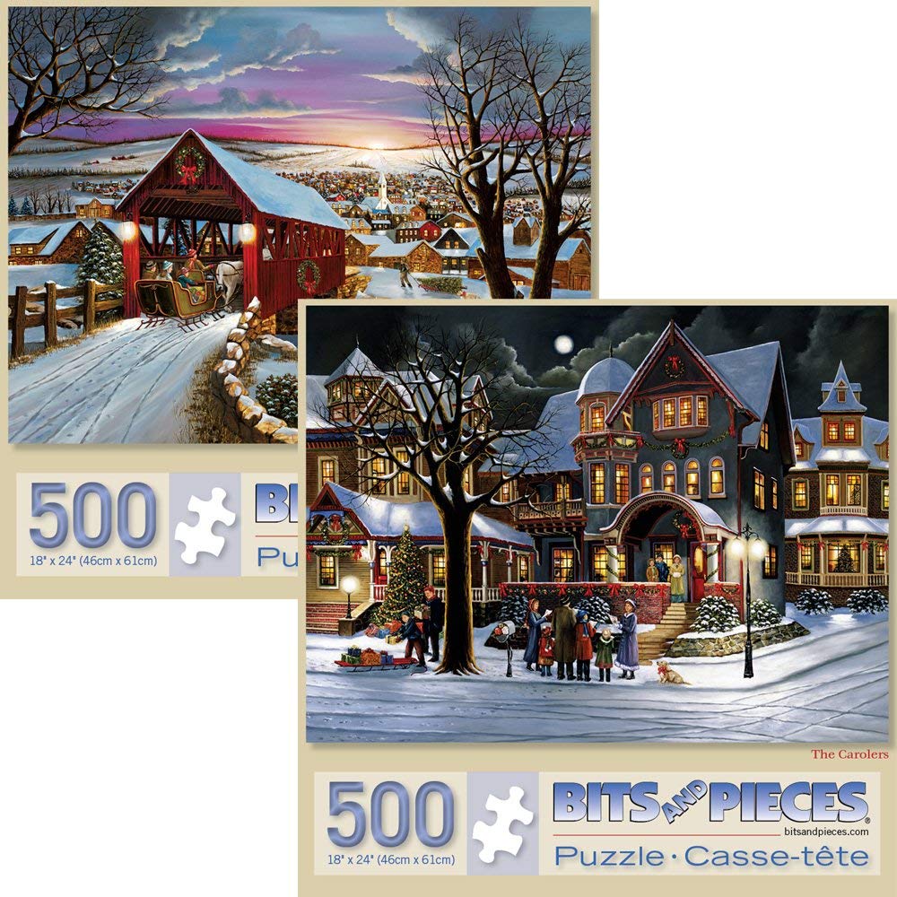 Bits and Pieces - Value Set of Two 500 Piece Jigsaw Puzzles for Adults - The Joys of Christmas, Winter Holiday Jigsaw Puzzles by Artist H. Hargrove