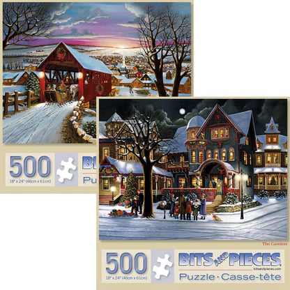 Bits and Pieces - Value Set of Two 500 Piece Jigsaw Puzzles for Adults - The Joys of Christmas, Winter Holiday Jigsaw Puzzles by Artist H. Hargrove