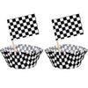 TecUnite 100 Pcs Race Car Checkered Flag Cupcake Wrappers Liners and 100 Pcs Cupcake Toppers Race Car Party Cake Decoration for Racing Checkered Theme