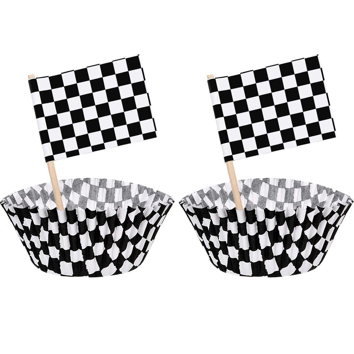 TecUnite 100 Pcs Race Car Checkered Flag Cupcake Wrappers Liners and 100 Pcs Cupcake Toppers Race Car Party Cake Decoration for Racing Checkered Theme