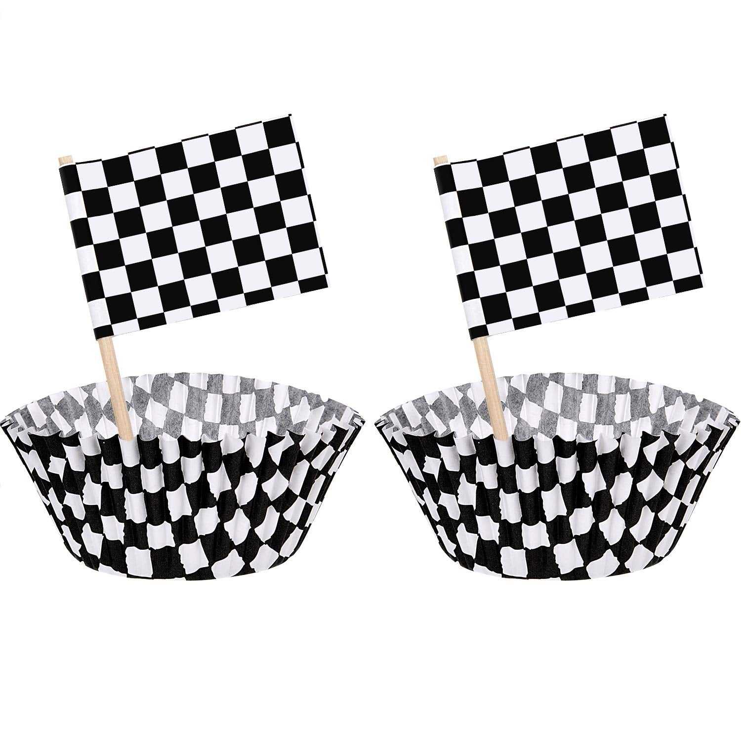TecUnite 100 Pcs Race Car Checkered Flag Cupcake Wrappers Liners and 100 Pcs Cupcake Toppers Race Car Party Cake Decoration for Racing Checkered Theme