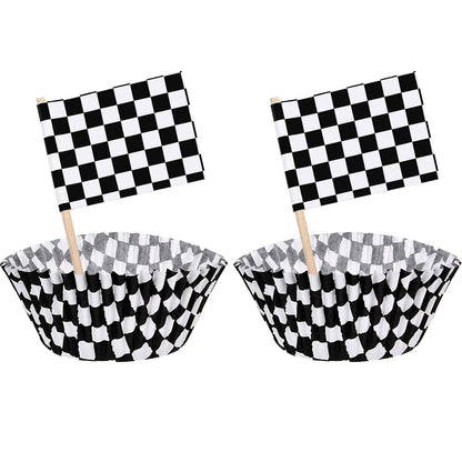 TecUnite 100 Pcs Race Car Checkered Flag Cupcake Wrappers Liners and 100 Pcs Cupcake Toppers Race Car Party Cake Decoration for Racing Checkered Theme