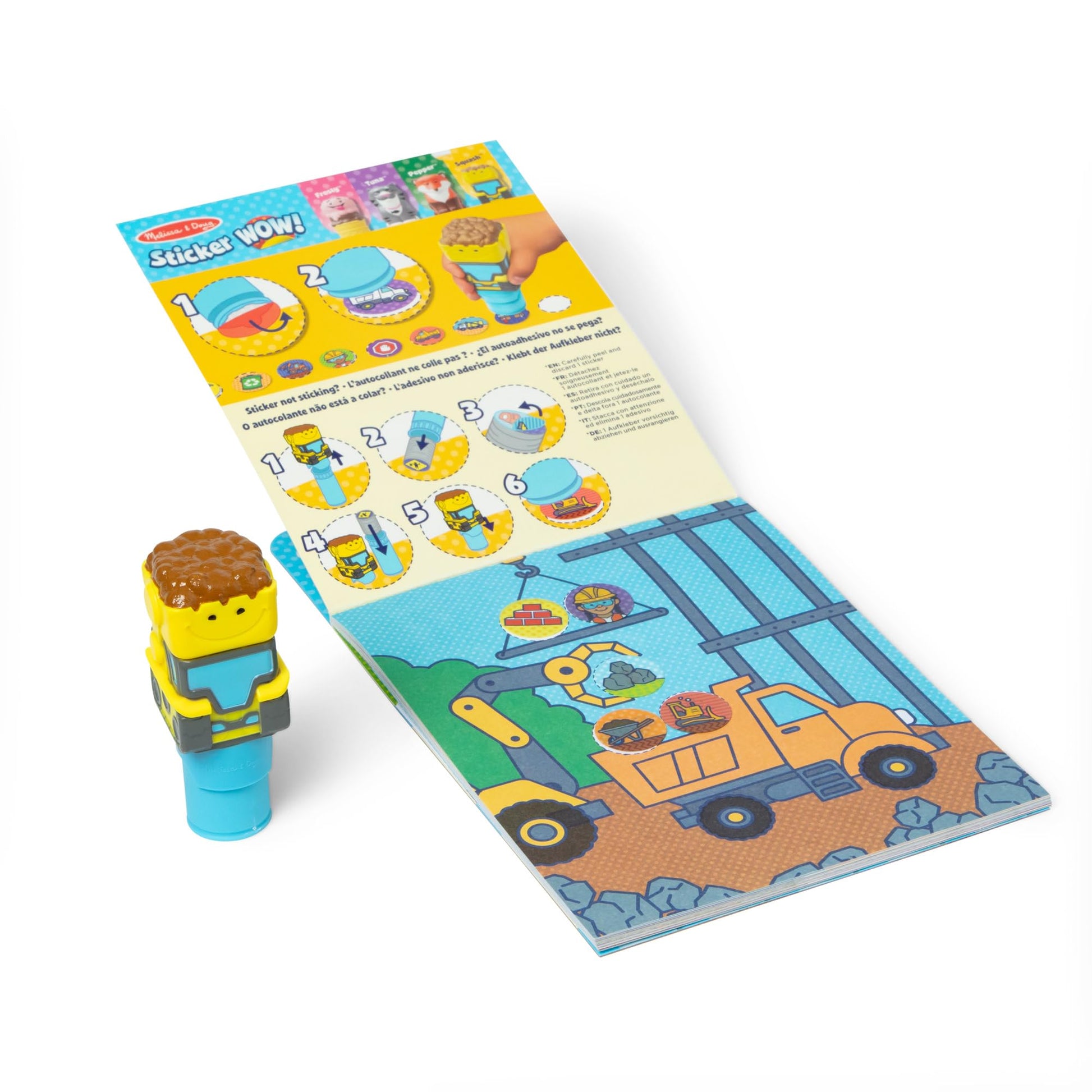 Melissa & Doug Sticker Wow!™ 24-Page Activity Pad and Sticker Stamper, 300 Stickers, Arts and Crafts Fidget Toy Collectible Character - Bulldozer -