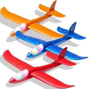 Tivcck 3 Pack LED Foam Airplane Toys, 17.5" Large Throwing Foam Plane, 2 Flight Mode Glider Flying Toy for Kids, Ages 3+