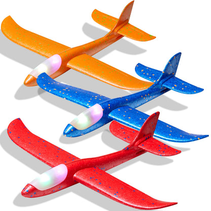 Tivcck 3 Pack LED Foam Airplane Toys, 17.5" Large Throwing Foam Plane, 2 Flight Mode Glider Flying Toy for Kids, Ages 3+