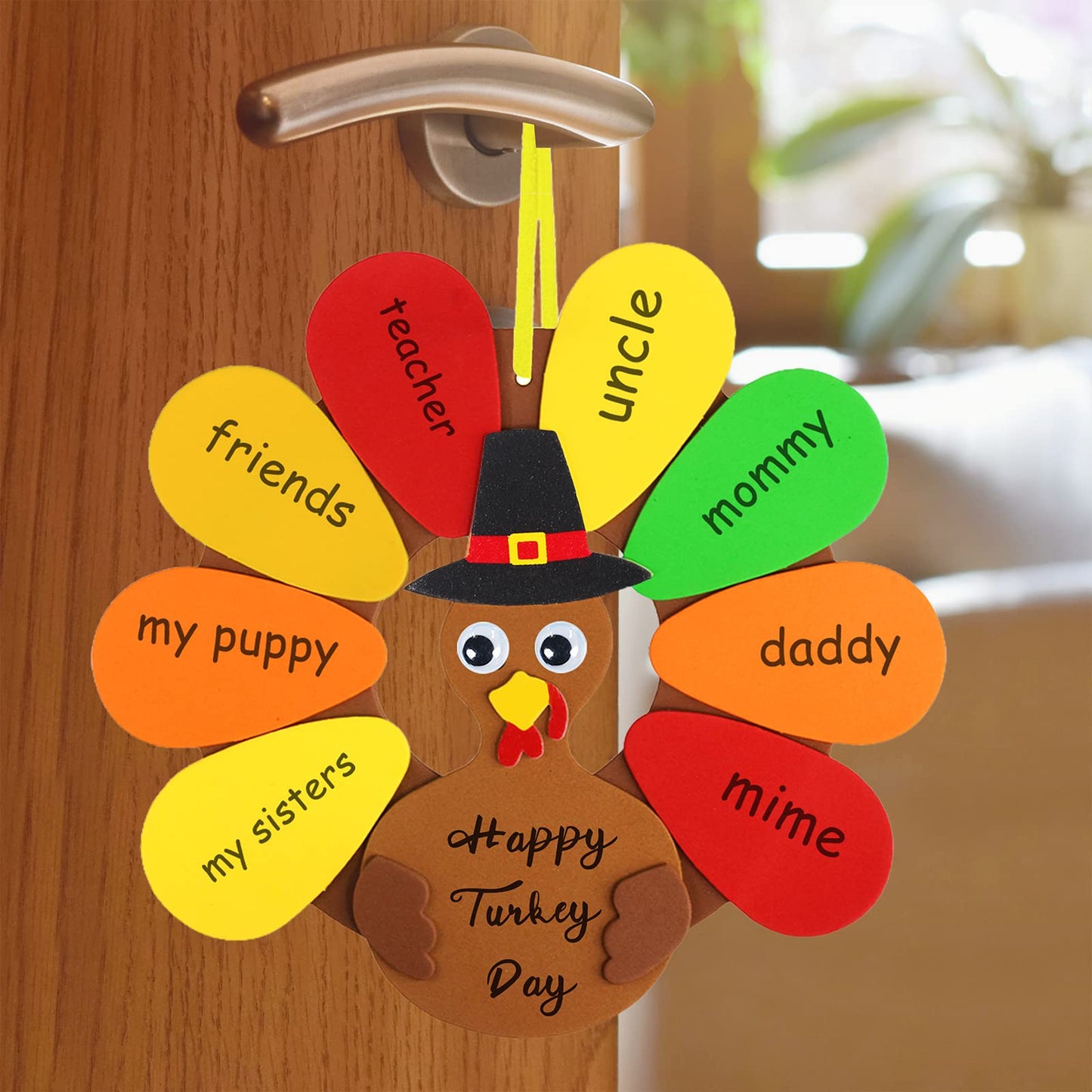 Winlyn 12 Sets Thanksgiving Wreath Signs Decorations Art Sets DIY Thanksgiving Craft Kits Give Thanks Turkey Fall Maple Leaf Foam Stickers Googly Eyes