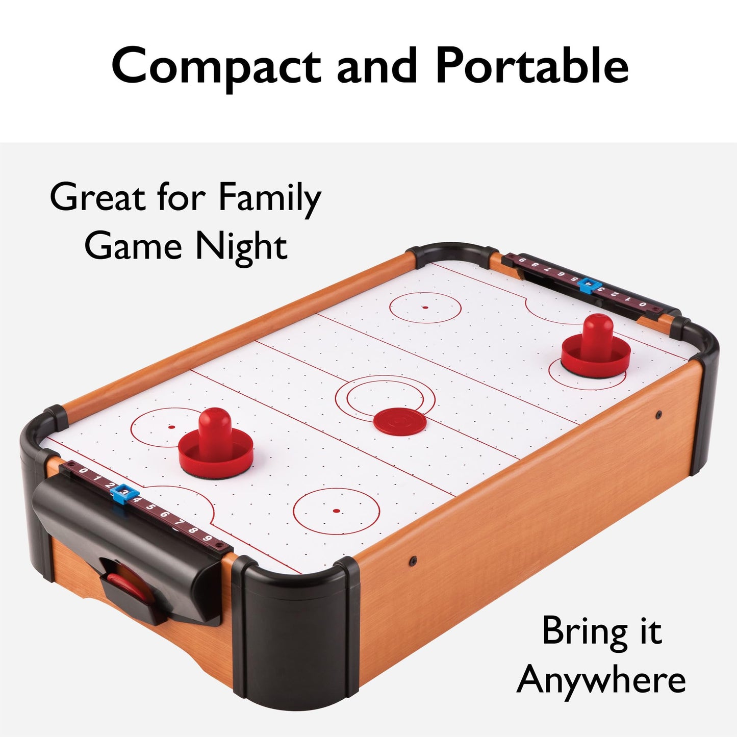 Mainstreet Classics 22 Inch Tabletop Air Hockey Game for Kids and Family, Mini Air Hockey Table with Battery Powered Motor, Includes 2 Pucks and 2