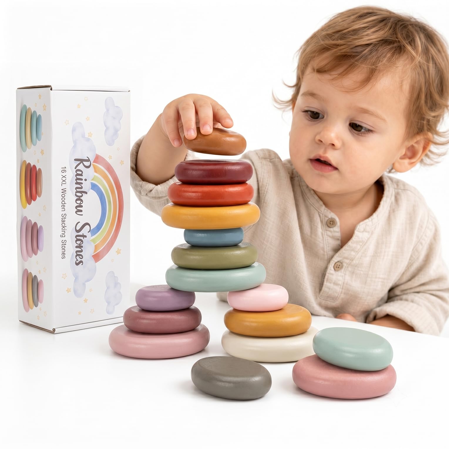 Rainbow Stones Wooden Stacking Rocks for kids 2-4, 16 PCS Montessori Waldorf Toys for 3 4 5 6 Year Old, Balancing Stones, Stacking Building Blocks