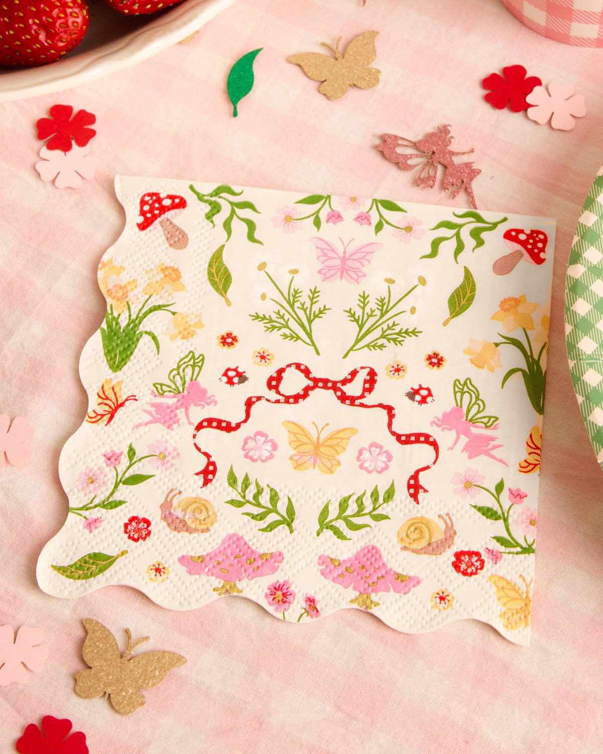 xo, Fetti Garden Fairy Napkins - 25 ct | Woodland Party Decorations, Spring Tea Party, Kids Birthday, Butterfly, Mushrooms, Pink Floral, Gingham