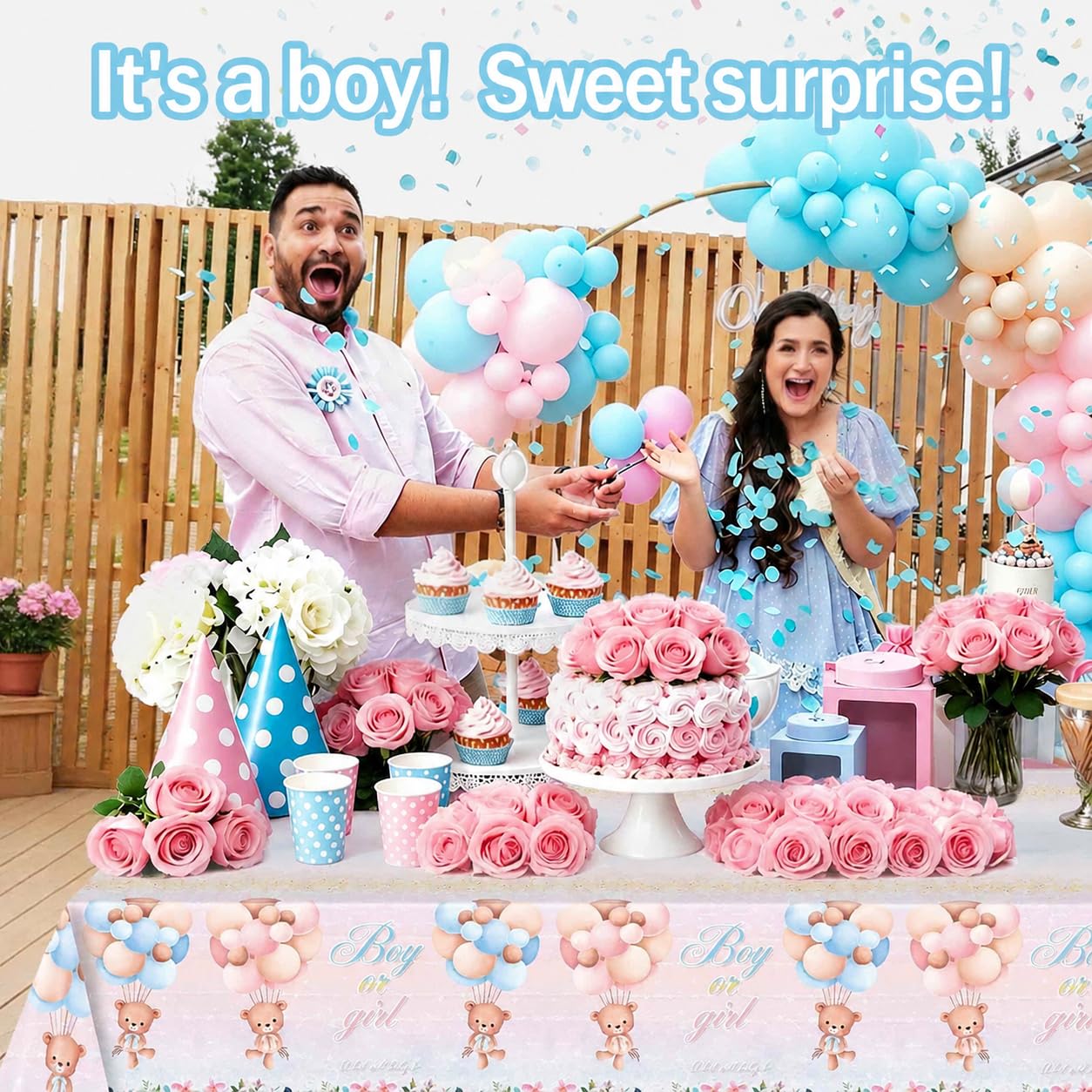Shalve 2pcs Gender Reveal Tablecloth 137×274 cm Teddy Bear Pattern Table Cover, Boy or Girl Gender Reveal Party Supplies for Baby Shower, Birthday