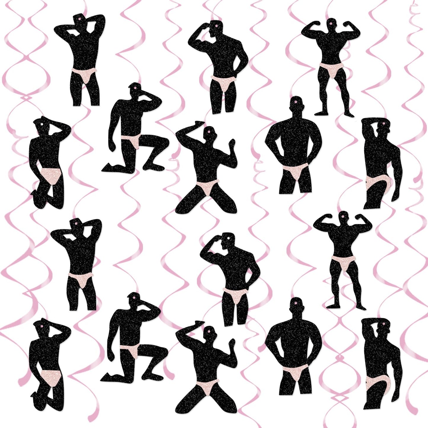 30 Pcs Funny Dancer Hanging Swirls Decoration, Muscle Man Silhouette Ceiling Ornaments with Pink Foil Swirls for Bachelorette Party, Girls Night Out