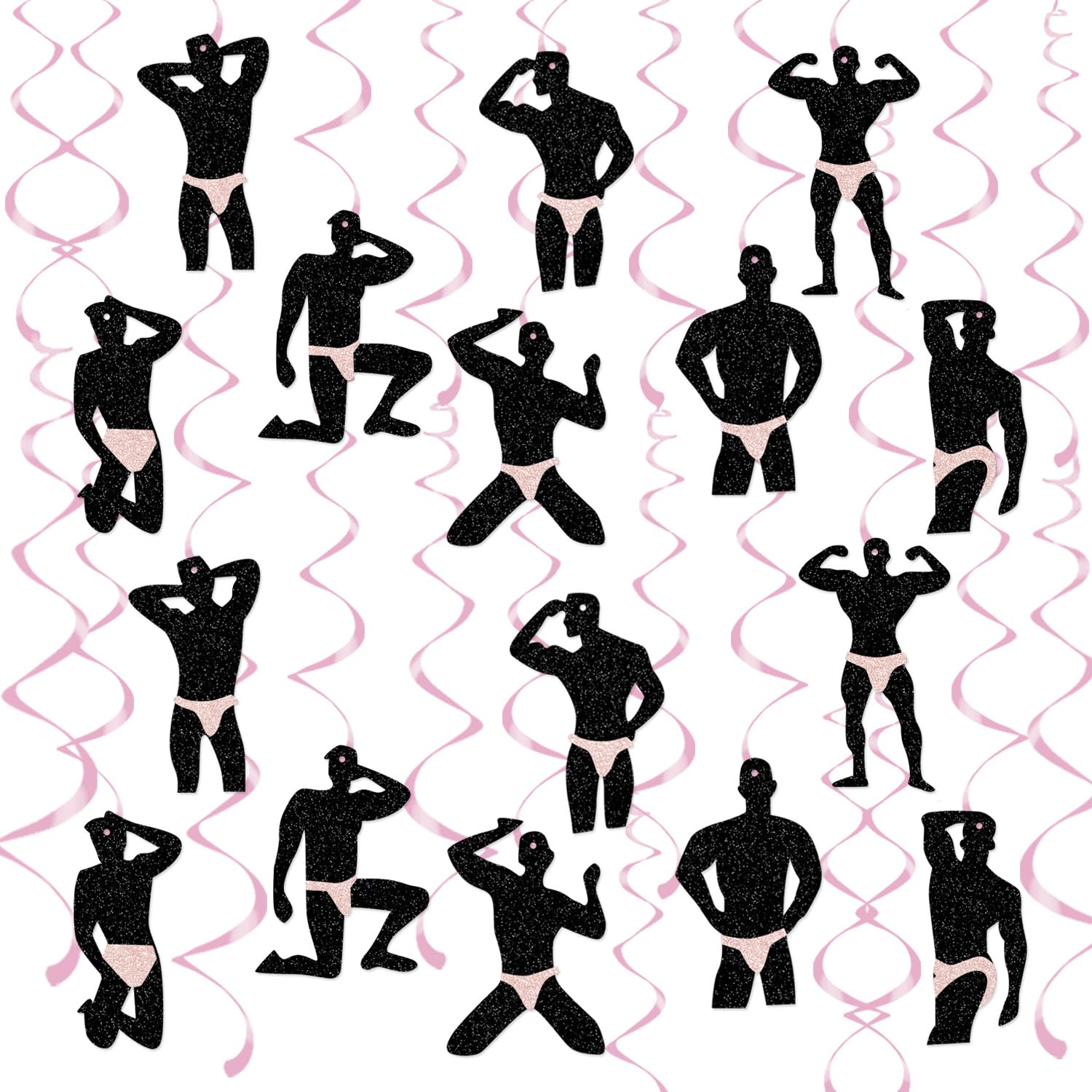 30 Pcs Funny Dancer Hanging Swirls Decoration, Muscle Man Silhouette Ceiling Ornaments with Pink Foil Swirls for Bachelorette Party, Girls Night Out