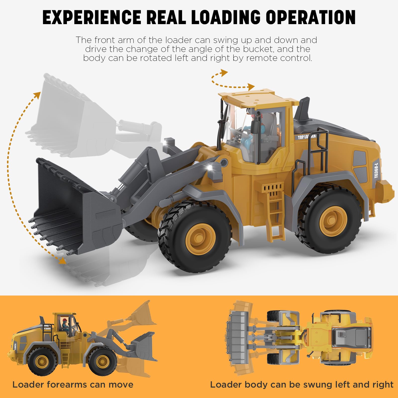 KIDMARKT Metal RC Wheel Loader Toy | 9-Channel Remote Control Construction Truck with Realistic Lights & Sounds, 1:20 Scale Rechargeable Vehicle