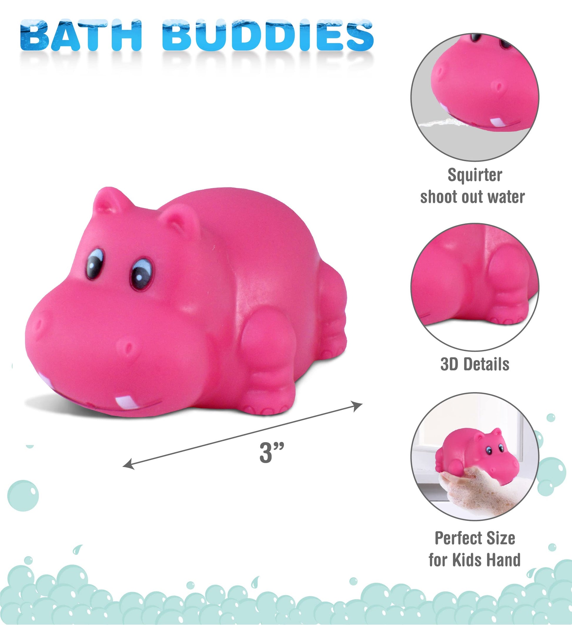 DolliBu Hippo Bath Buddy Squirter - Floating Pink Hippo Rubber Bath Toy, Fun Water Squirting Bathtime Play For Toddlers Cute & Soft Wild Life Animal