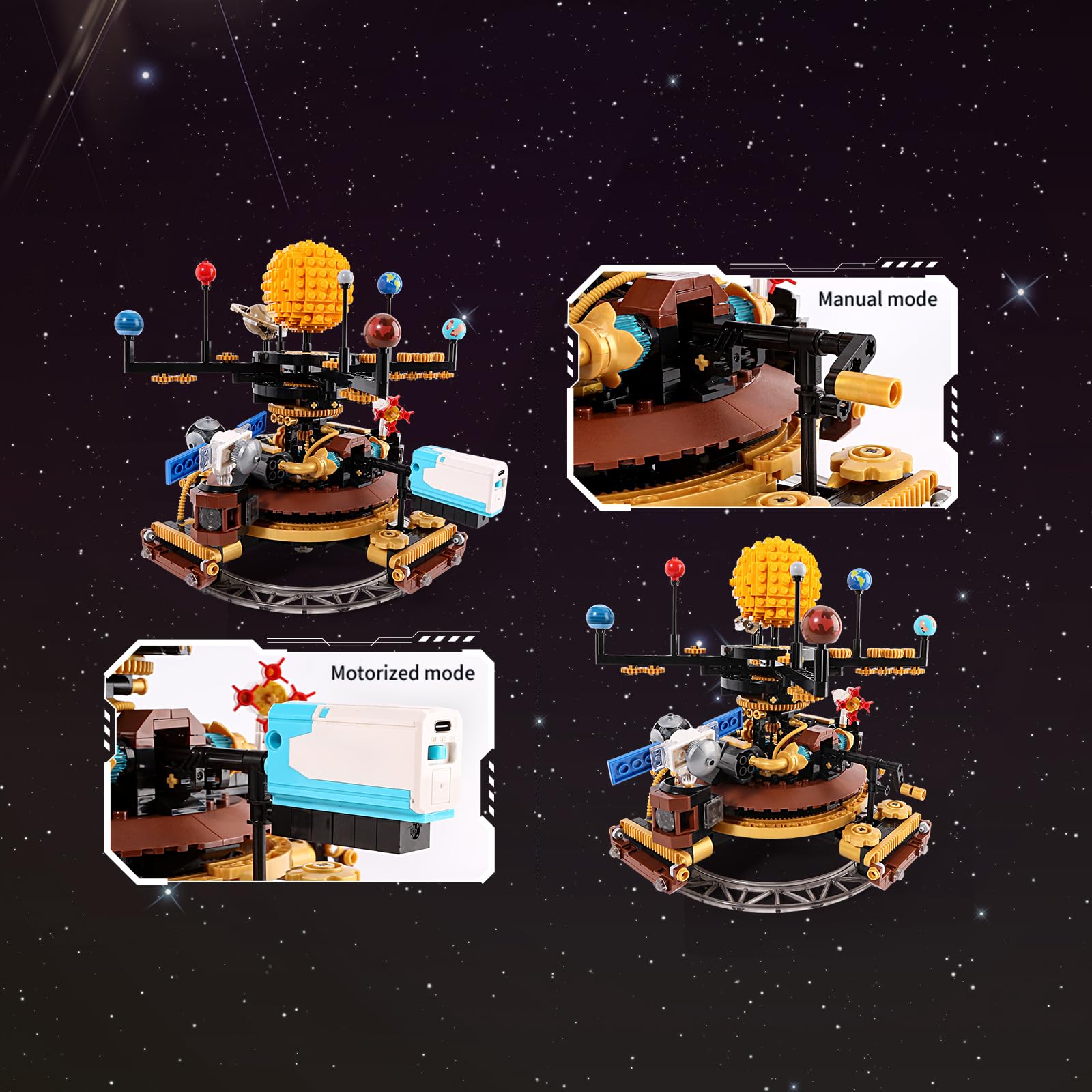 Solar System Orrery Building Set - Rotatable Planet Toys with 9 Planets & Rocket Sets, Compatible with Lego Space - Educational STEM Projects Science
