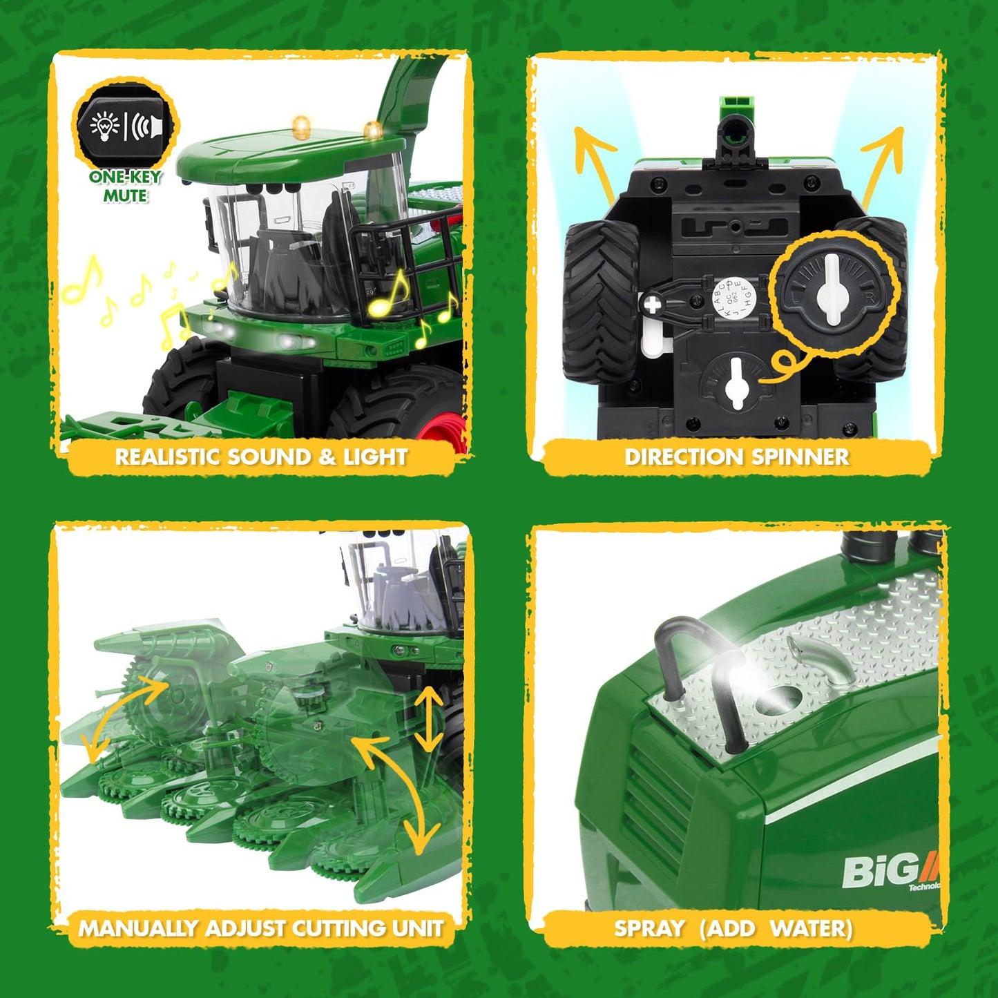 Uarzt Remote Control Combine Harvester Tractor Toy, 1/24 Scale RC Harvester Toys for Kids with 2 Grian Heads/2 Rechargeable Batteries/Light, Farm Toys