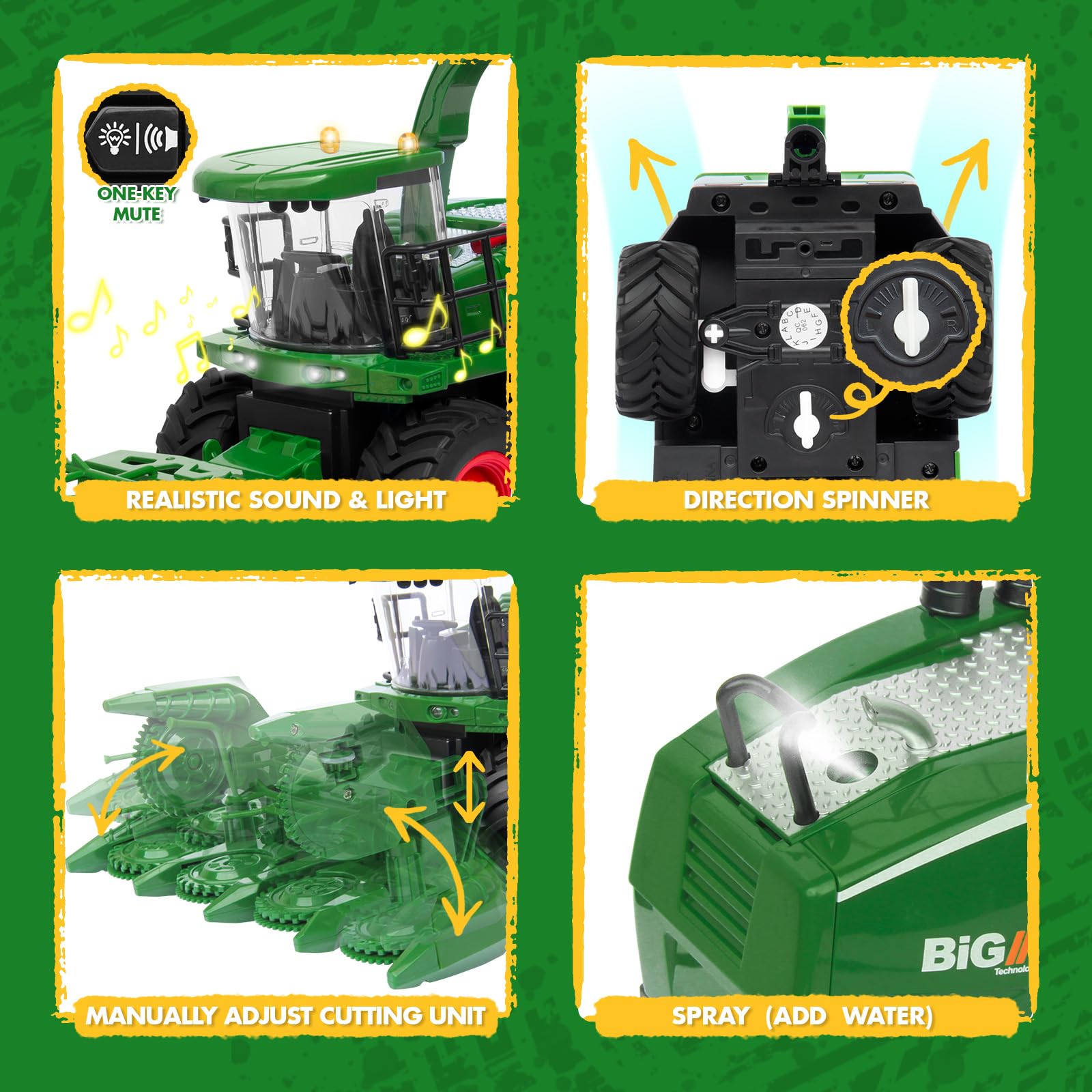 Uarzt Remote Control Combine Harvester Tractor Toy, 1/24 Scale RC Harvester Toys for Kids with 2 Grian Heads/2 Rechargeable Batteries/Light, Farm Toys