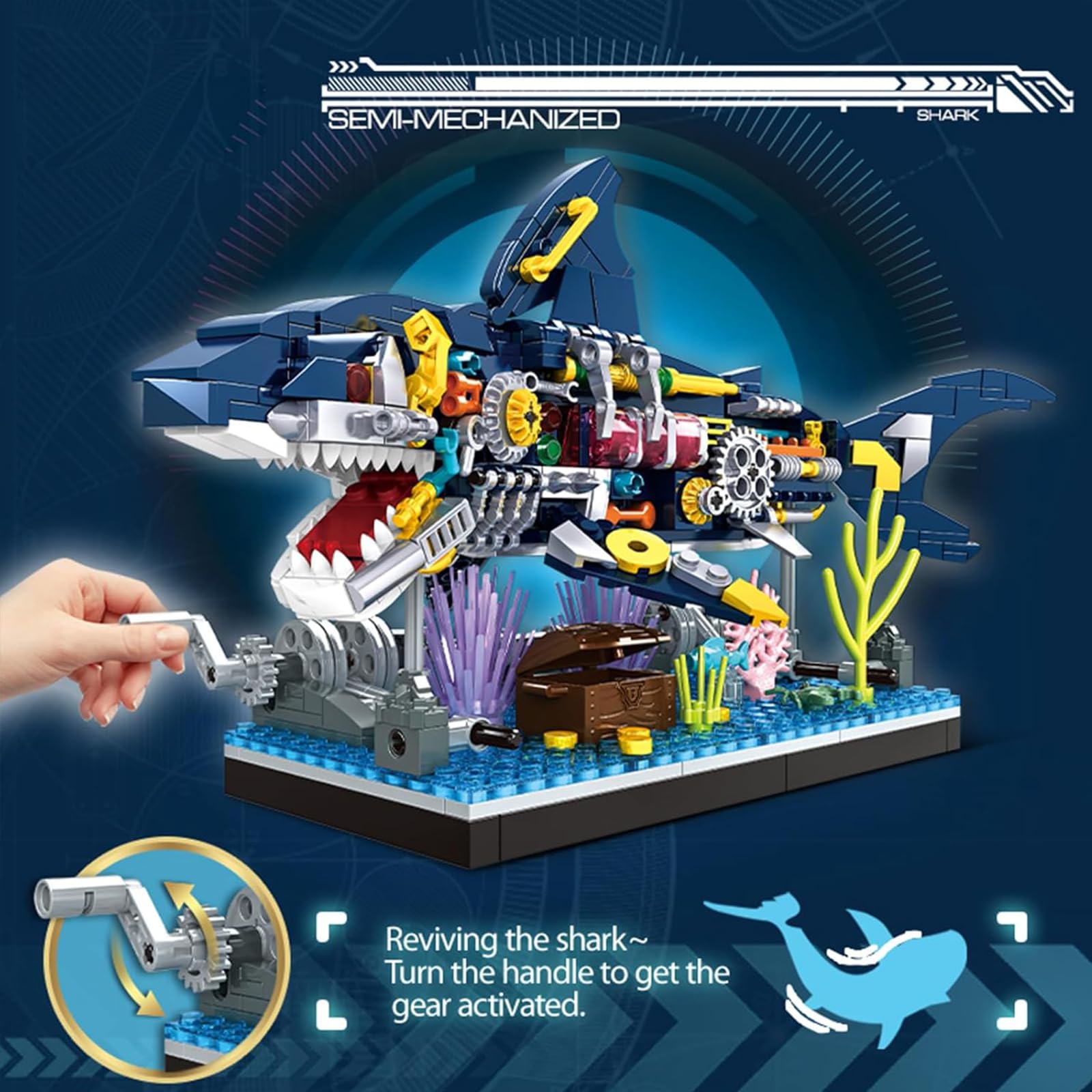 TENYEAH Shark Building Block Set, Ocean Building Set, Cool Mechanical Rotatable Shark Toys, Birthday Creative Ideas Gifts for Adults (499 Pcs)