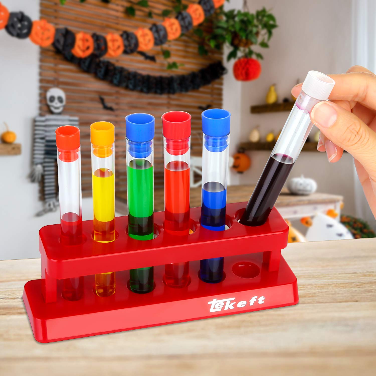 TEKEFT Set of 6 Assorted Color Plastic Test Tube Set with Caps and Rack Scientific Experiment(1 Set)