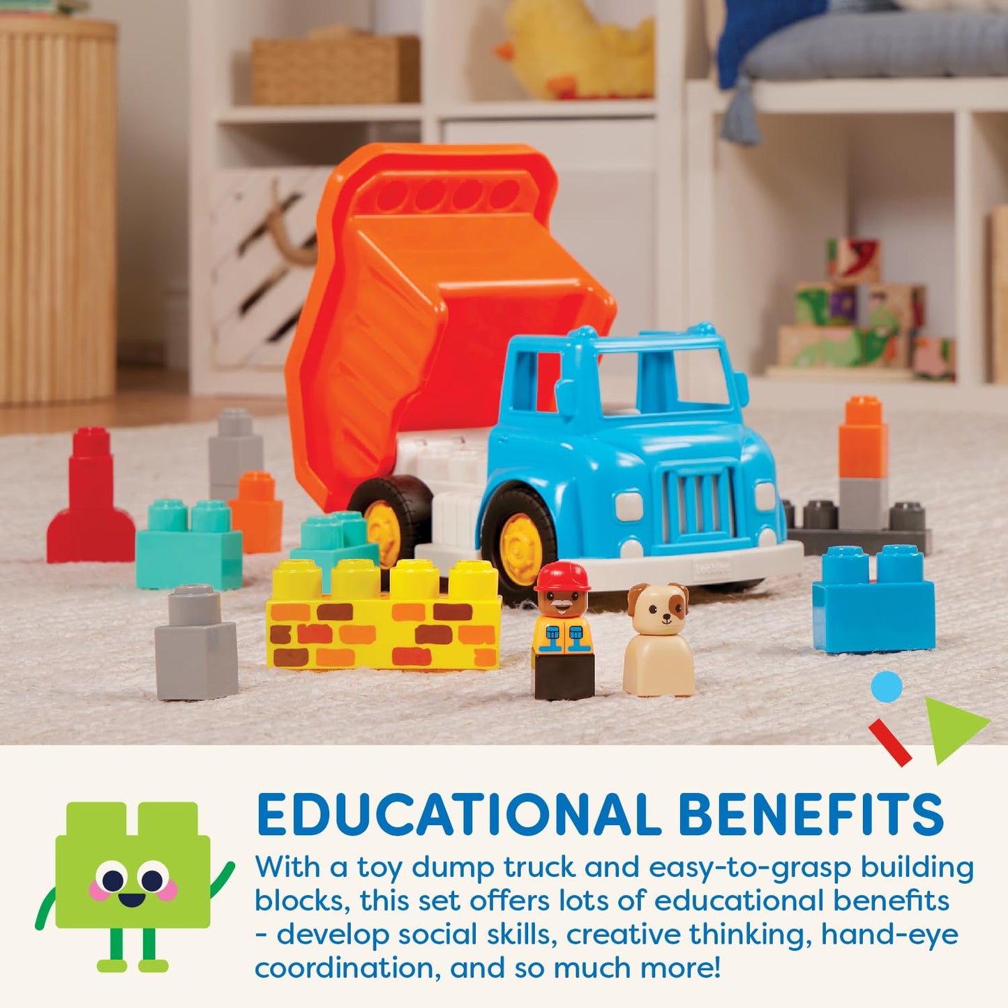 Battat - Large Building Blocks - 80 Colorful Pieces - 8 Wheel Bricks - Zippered Storage Bag - 12 Months + - Bag o' Blocks