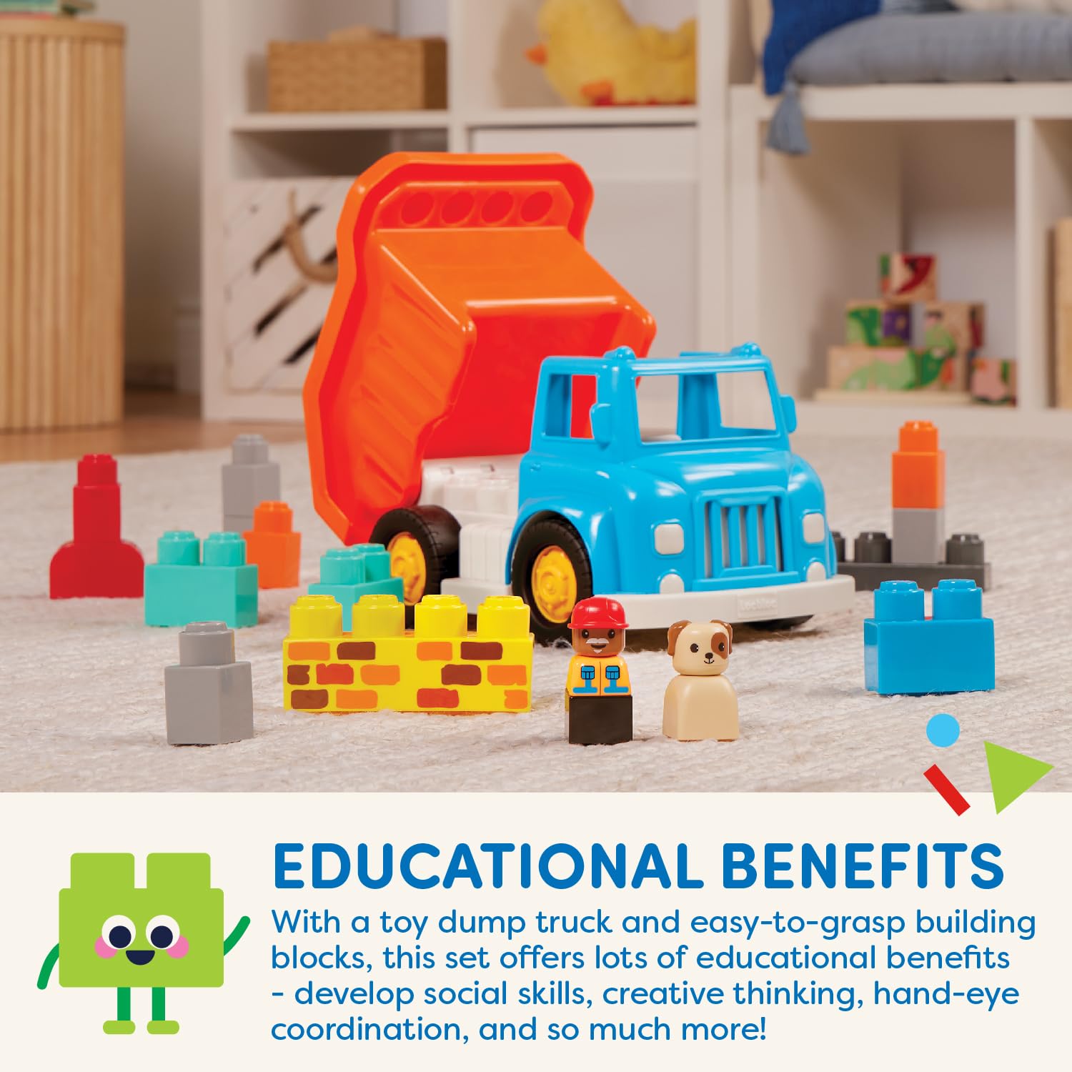 Battat - Large Building Blocks - 80 Colorful Pieces - 8 Wheel Bricks - Zippered Storage Bag - 12 Months + - Bag o' Blocks